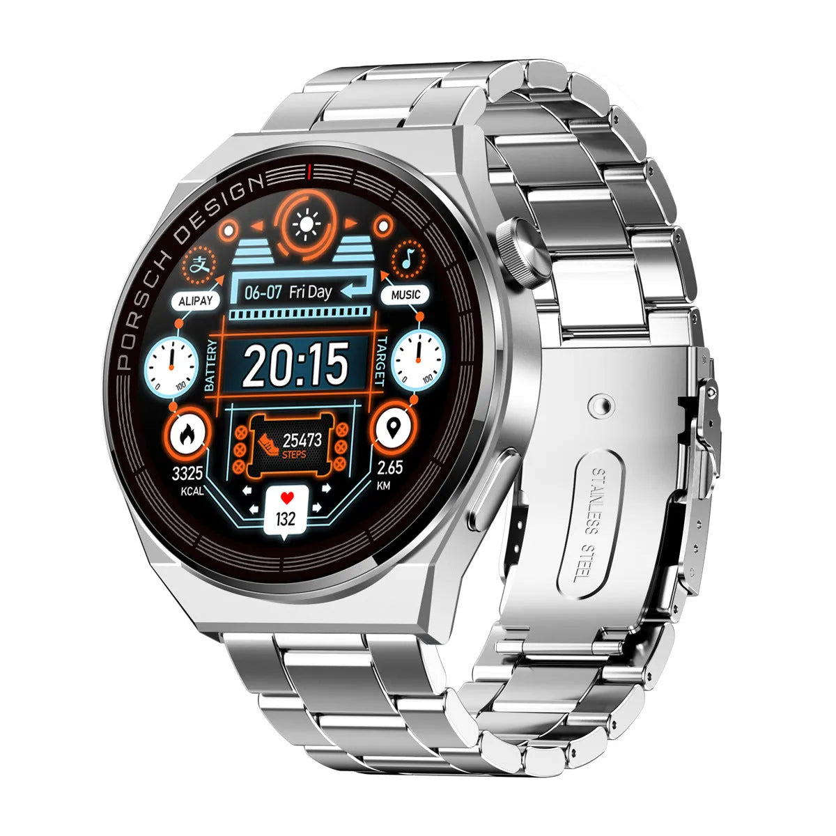 Smartwatch with black or silver case and choice of silicone, leather, or stainless steel strap on wrist