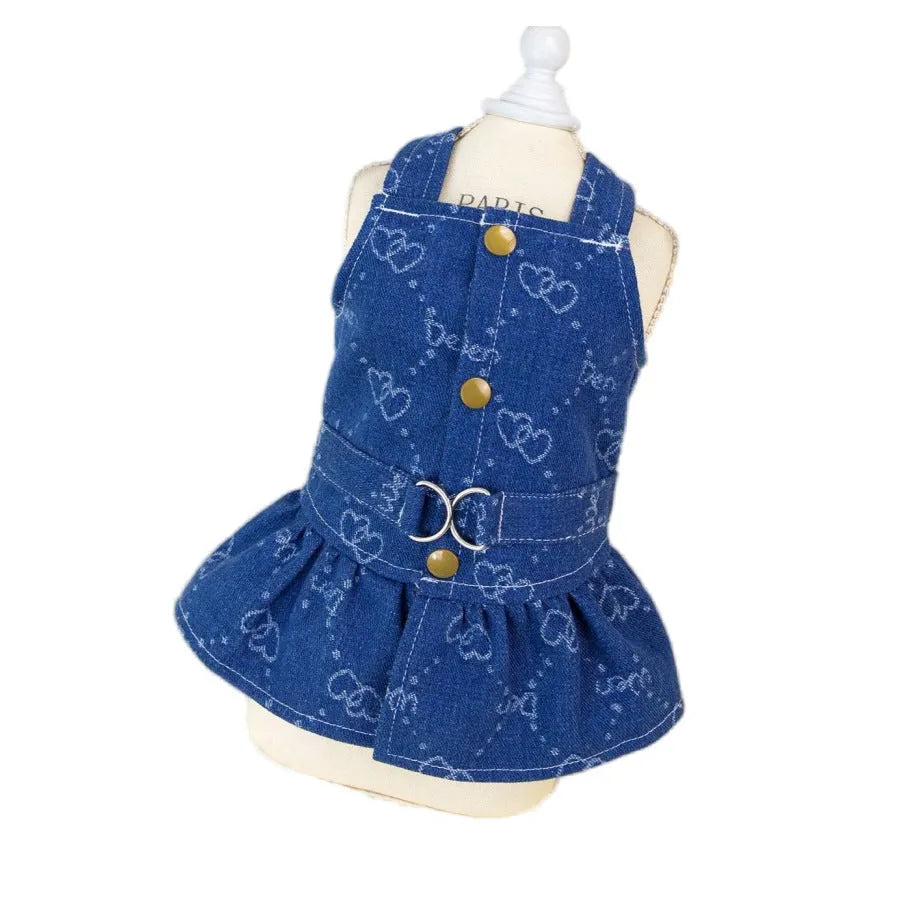Denim princess dress for small dog with bracket skirt design in blue denim
