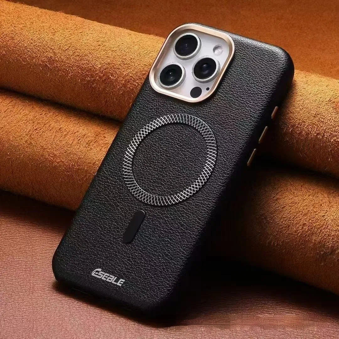 Triangle shield magnetic suction phone case in black for iPhone 15 drop-resistant leather cover