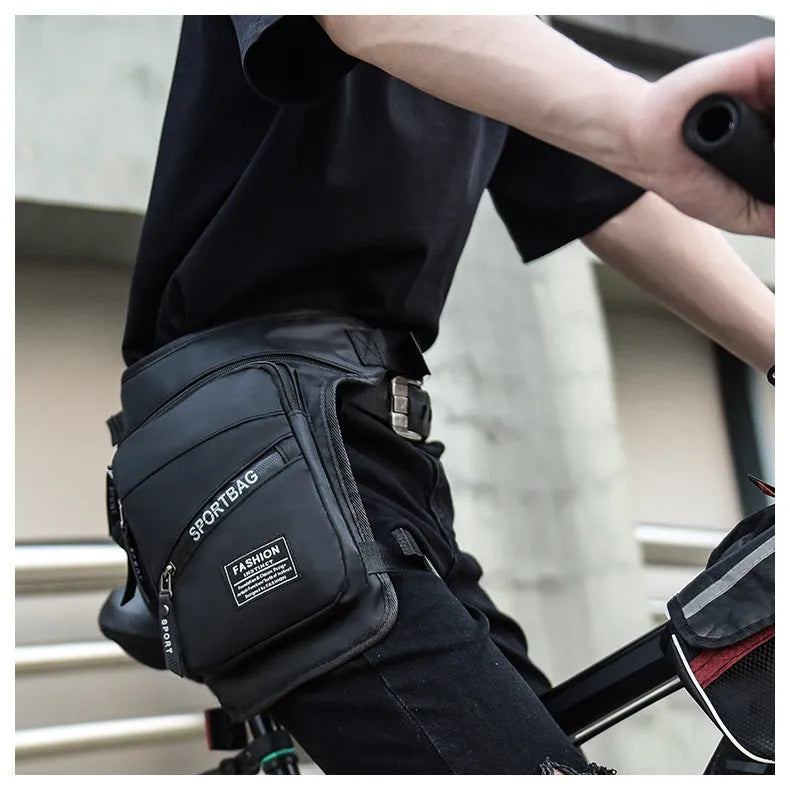 Black nylon cycling leg crossbody bag with adjustable straps for male cyclists