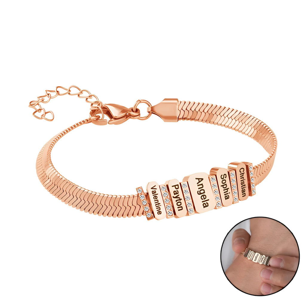 Custom names beaded stainless steel bracelet in steel colour with engraved beads