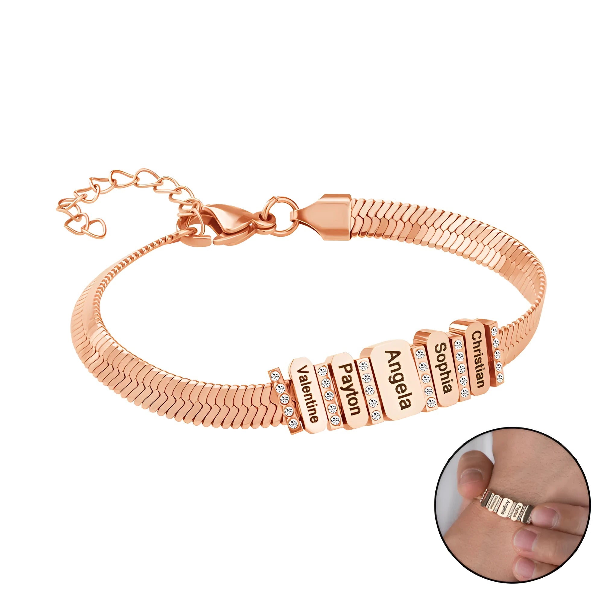 Custom names beaded stainless steel bracelet in steel colour with engraved beads