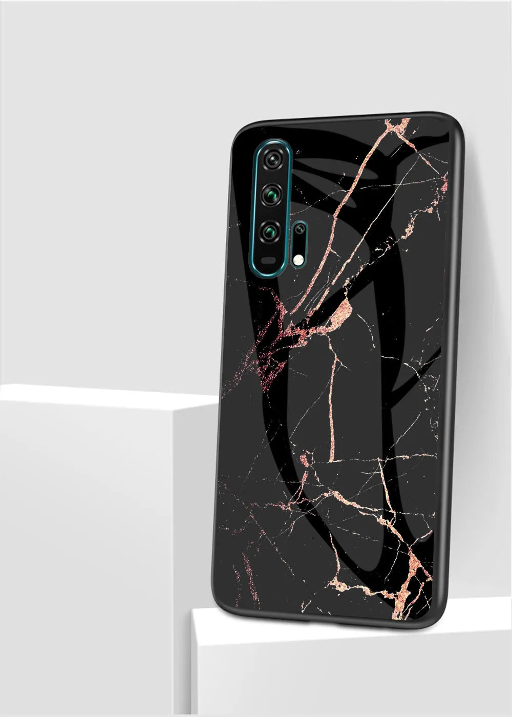 Honor 20 Pro mobile phone in a black marble tempered glass case with silicone bumper