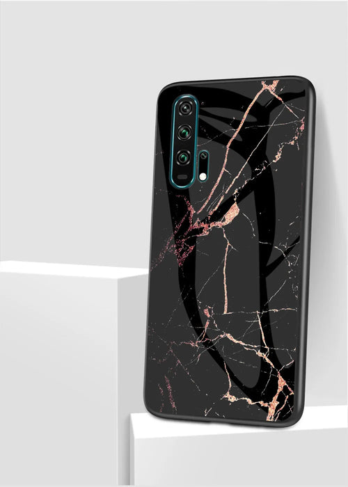 Honor 20 Pro mobile phone in a black marble tempered glass case with silicone bumper
