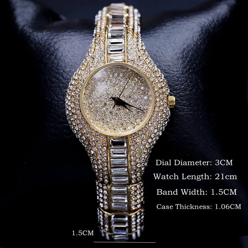 Women's gold alloy quartz watch with round dial showing diamond and colourful stone inlays