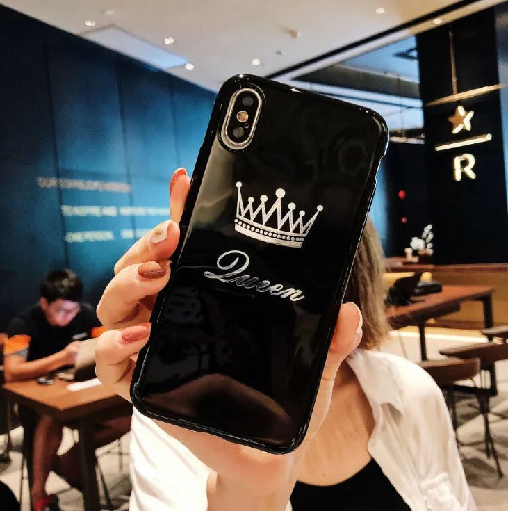 Cartoon crown phone case with KING QUEEN text for iPhone 6 6S 7 8 Plus X
