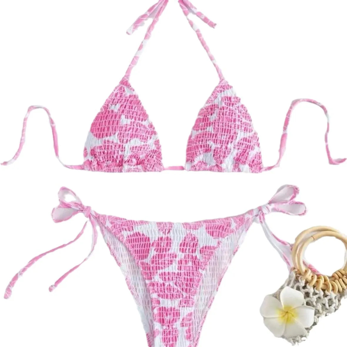 Women's floral halter swimsuit in polyester fabric showing pink colour option with brief-style bottoms
