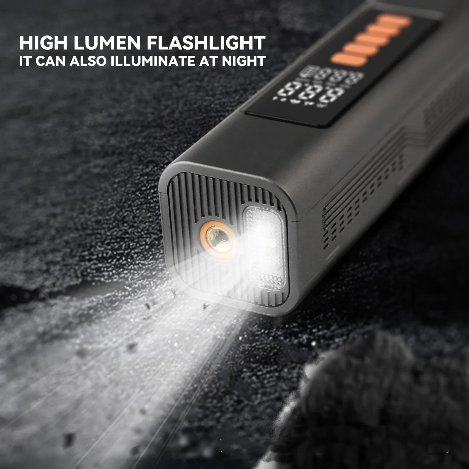 Wireless digital tyre inflator with LCD display showing pressure readings and Type-C charging port