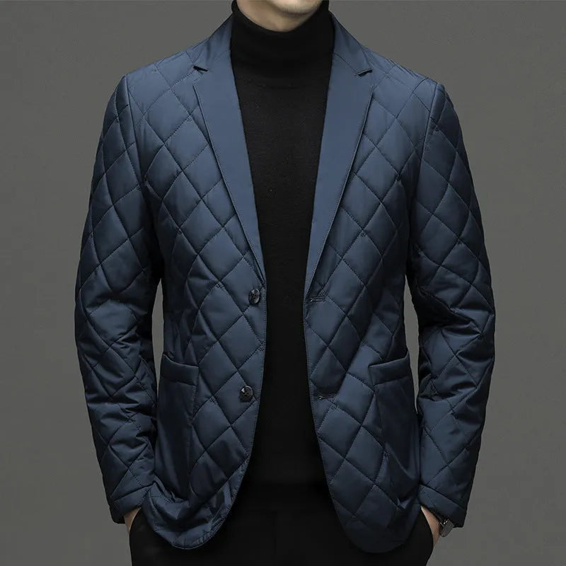 Men's black lapel down jacket with side pockets on a grey background