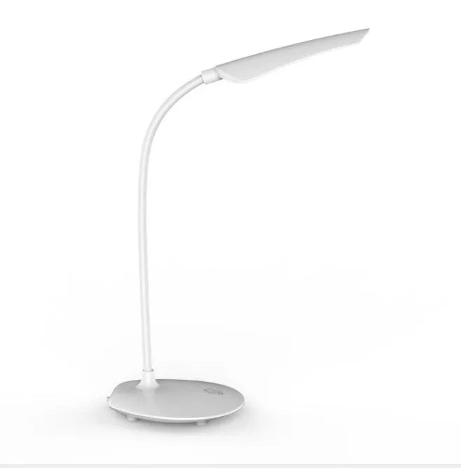 White LED desk lamp with touch control and USB charging, compact simple design on desk