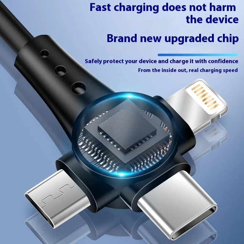 Black spring telescopic charging cable with Type-C, Lightning and Micro USB connectors extended to 1.5 metres