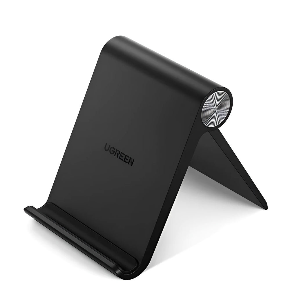 UGREEN Lazy Bracket portable phone holder in black on a desk, holding a mobile phone.