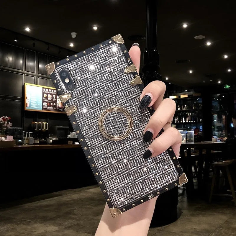 Square TPU mobile phone case with flash diamond bracket in multiple colour options