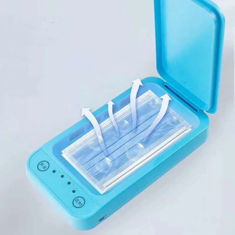 White multifunctional wireless charger with UV sterilisation and remote control on table