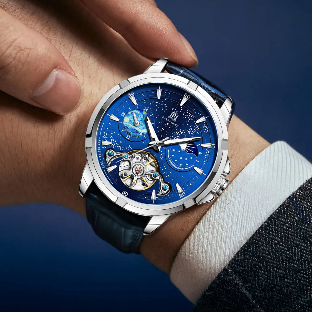 Men's blue dial automatic mechanical watch with day date display on stainless steel band