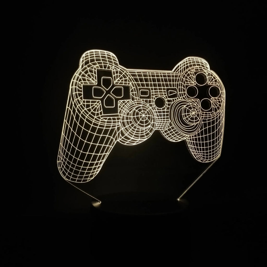 Gamepad 3D night light showing seven colour modes with touch switch and remote control, acrylic and ABS construction