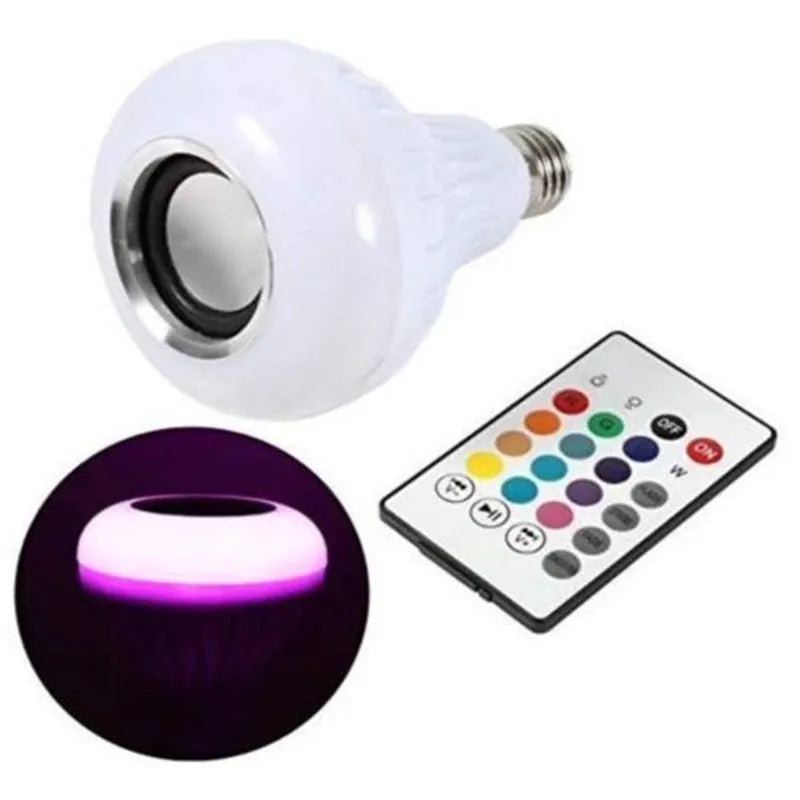 White Bluetooth speaker LED bulb with E27 base showing RGB colour illumination