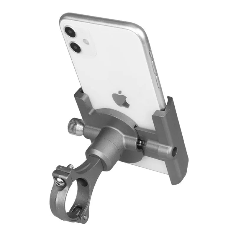 Black aluminium alloy bicycle phone holder mounted on handlebar, sized for phones 55-100mm wide.