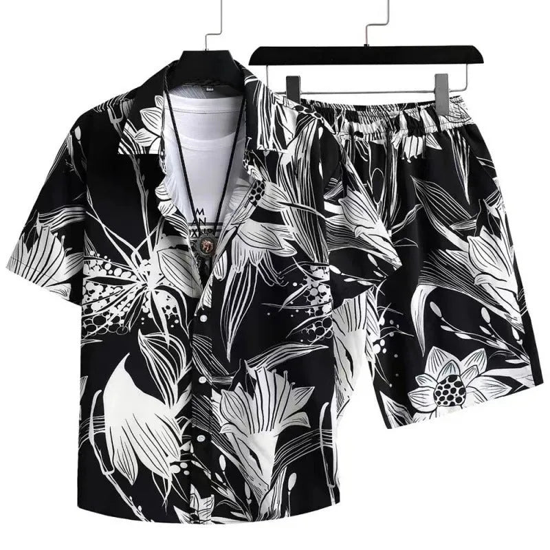 Men's casual digital print short sleeve shirt and matching shorts set on a hanger
