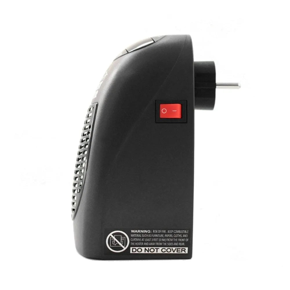 Black mini portable electric heater with digital display and a rotating plug on a white background.
