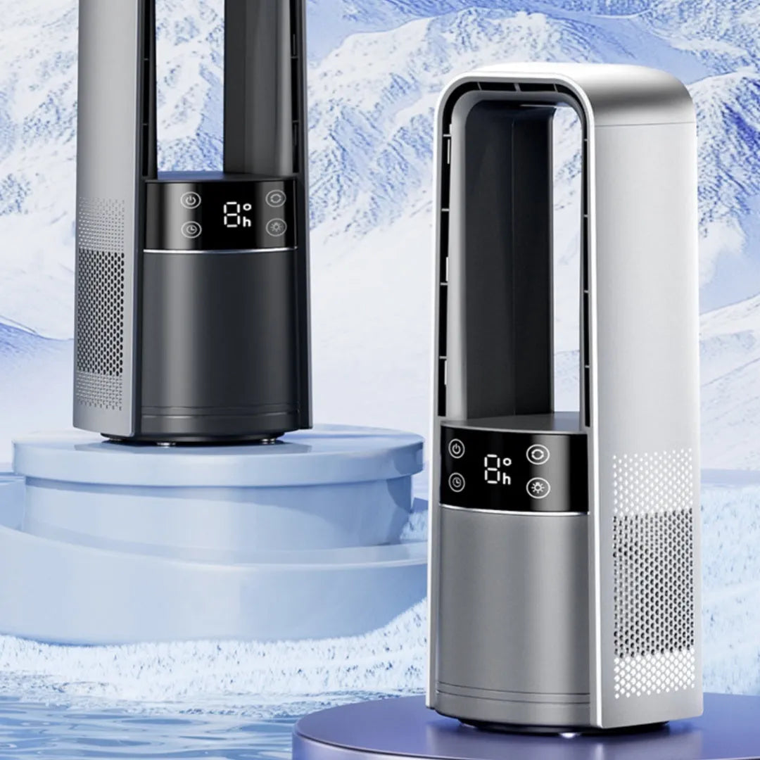 Light gray bladeless twin-turbo ice-sensing fan with digital display and night light on a table