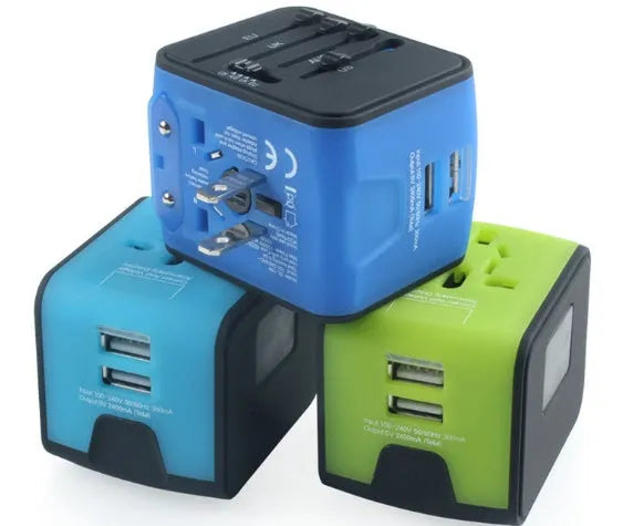 Multi-function conversion socket with dual USB charger, six outlets, flame retardant PC ABS housing, 65x52x53mm, in black