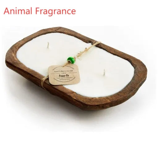 Retro wooden basin containing a soy wax aromatherapy candle with three wicks.