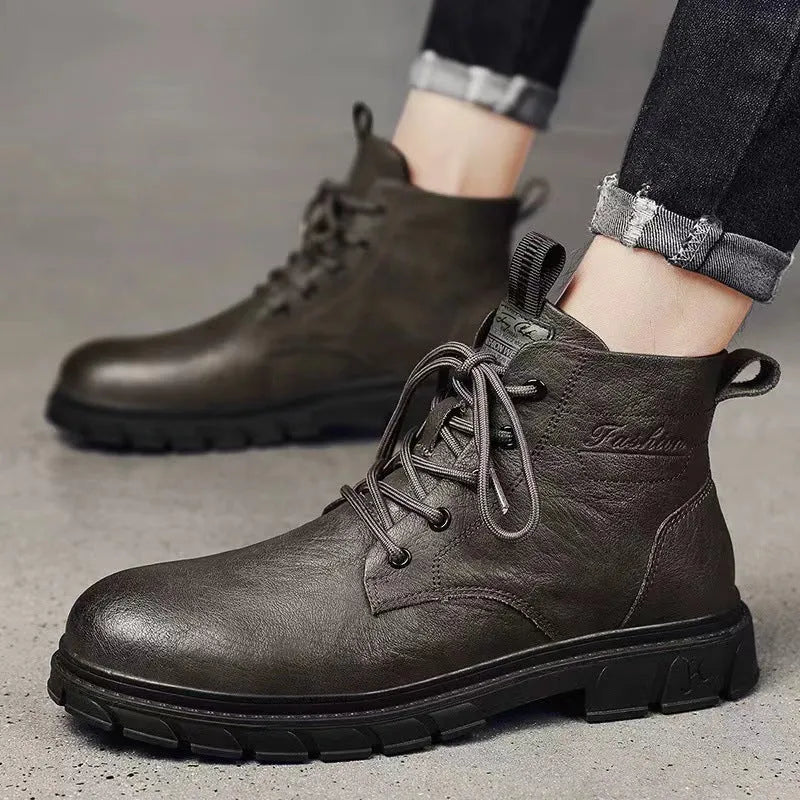 Men's black PU leather high-top Martin boots with stitching, square heel, and front lacing