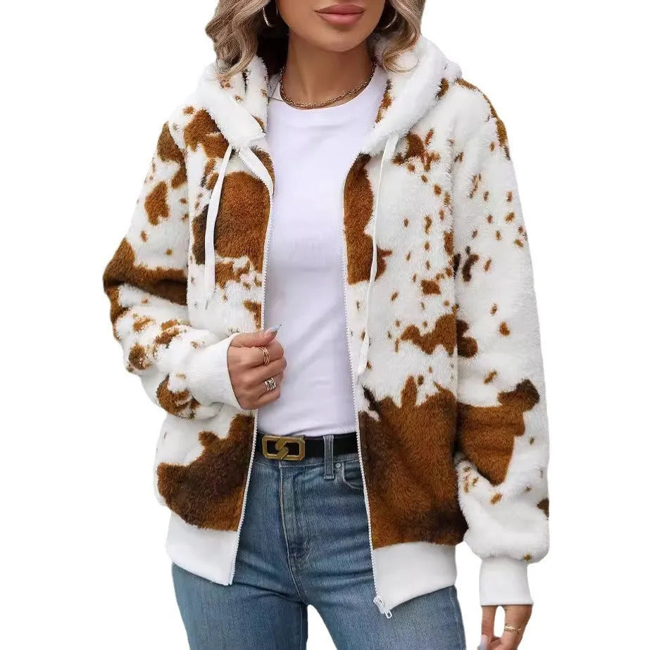 Yellow brown cow animal print hooded cardigan jacket with front zipper