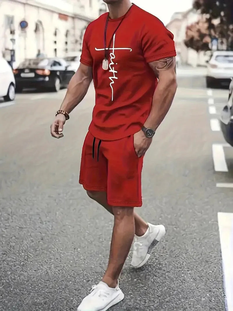 Casual sports suit round neck short sleeve 3D digital print two-piece set polyester fibre summer