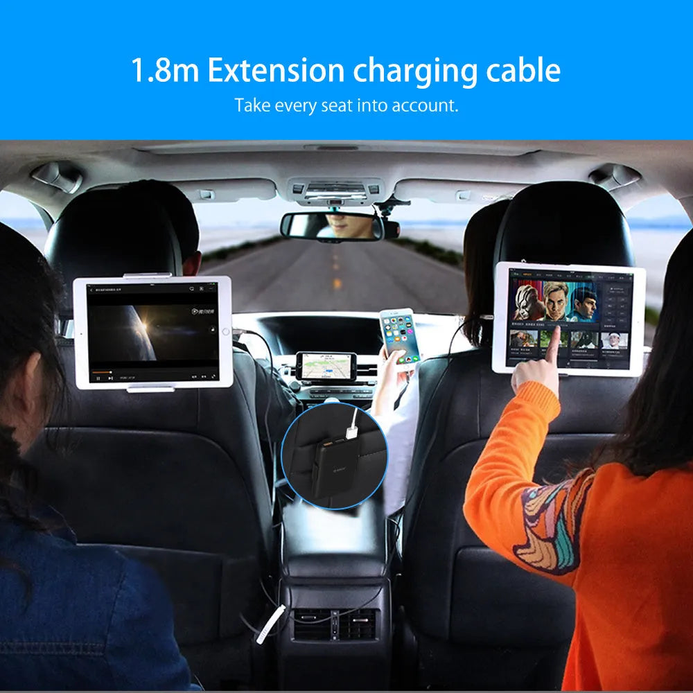 ORICO black 5-port car charger with QC3.0 expander, 1.8m cable, and USB-A ports