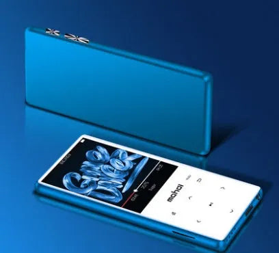 Silver portable MP3 player with a 2.4-inch touch screen showing music playback interface.