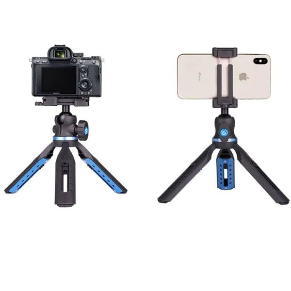 Black plastic and aluminium desktop tripod holding a mobile phone for video calls.