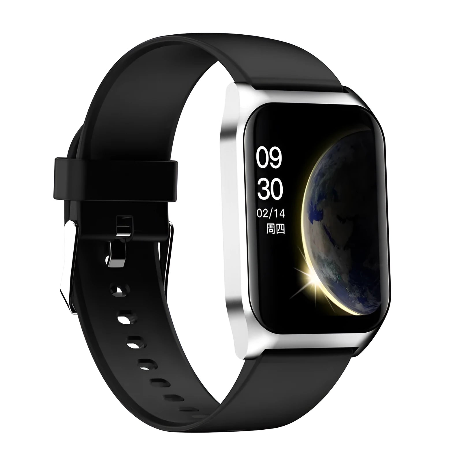 Black smartwatch with a 1.69-inch screen and silicone strap on a wrist, displaying a heart rate graph.