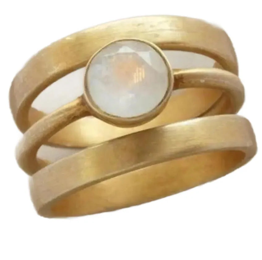 Gold-plated titanium steel geometric ring with a white chalcedony stone inset on a simple band.
