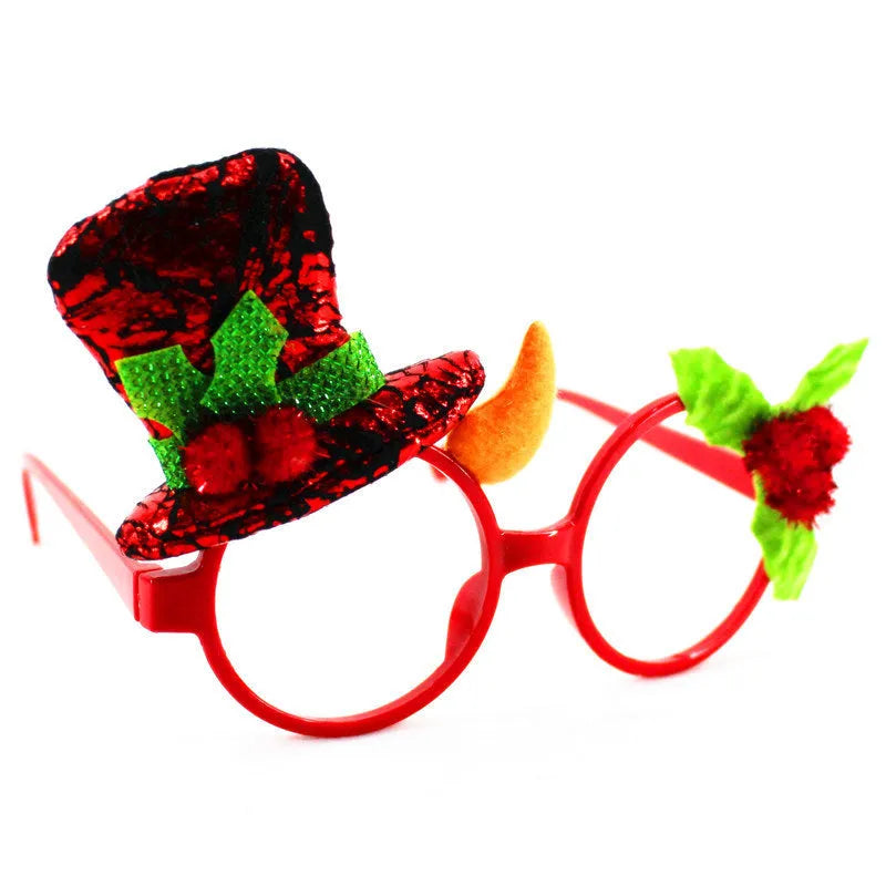 Plastic Christmas glasses frame decoration with fabric Santa Claus hat design