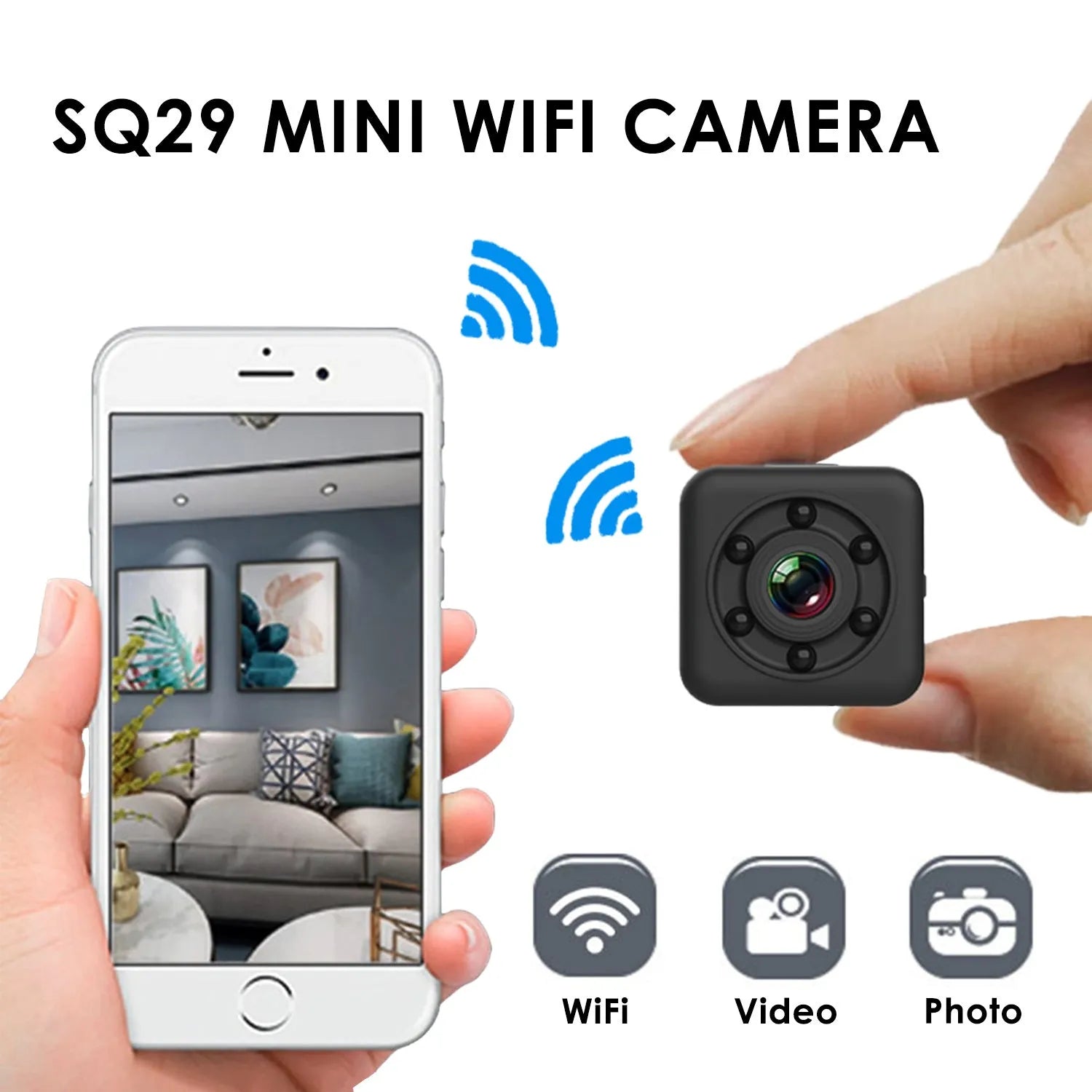 Black SQ29 waterproof sports camera showing MicroUSB port and TF card slot.