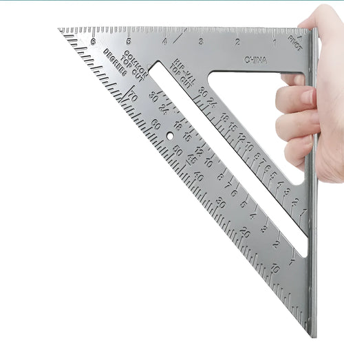 Aluminium alloy woodworking measuring square showing 7-inch triangle ruler with 90-degree angle measurement
