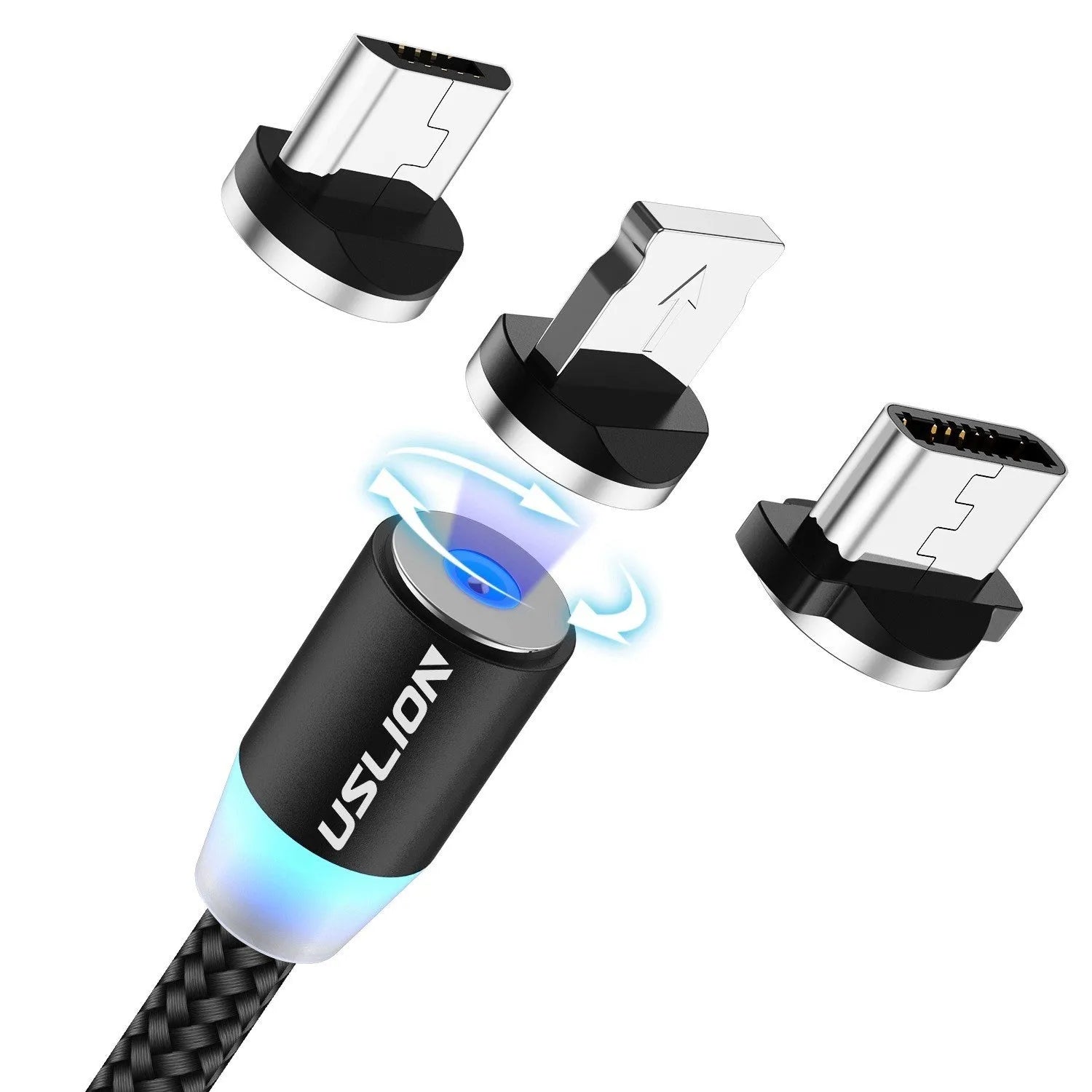 USLION circular magnetic charging cable in black, showing magnetic connector and plug for Android, iOS, or Type-C device.
