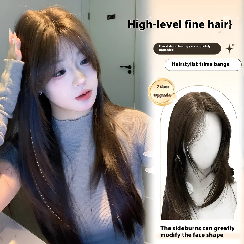 Women's cold brown layered long straight full-head wig with high temperature fibre hair