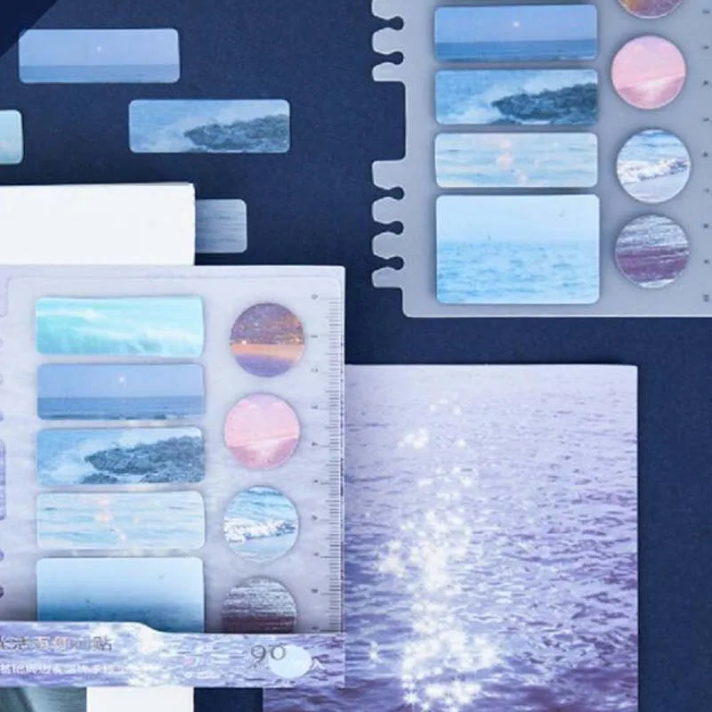 PP index sticker set with ruler plate and 90 sticky notes in four sizes and colour styles