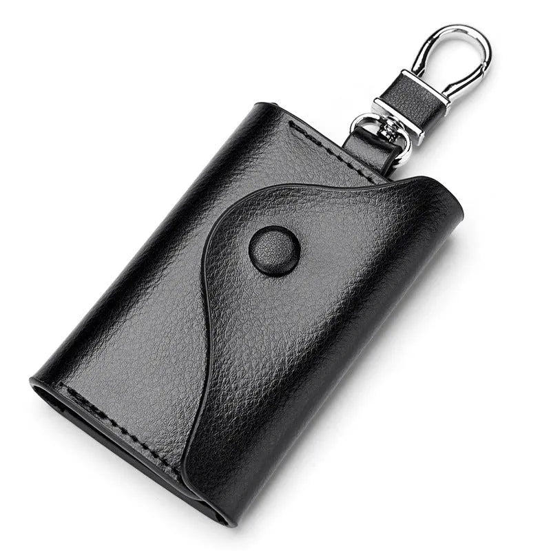 Genuine leather keychain card holder in a square vertical shape, shown in black with sequin details.