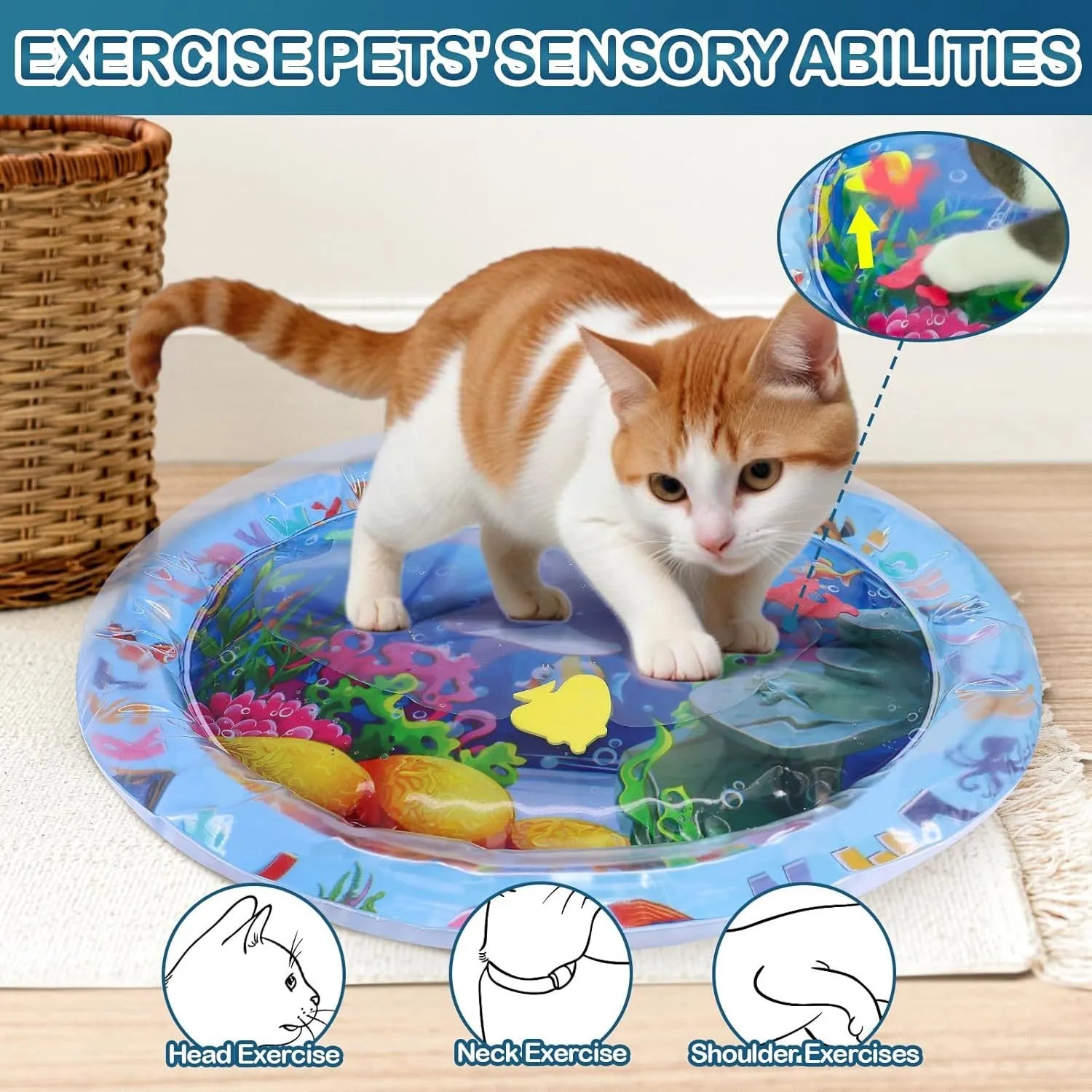 Square blue water playmat for cats on a floor, showing inflated edges and floating fish toys inside.