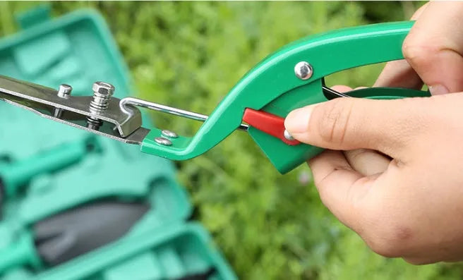 Ten-piece gardening tool set with iron heads and plastic handles, green colour option