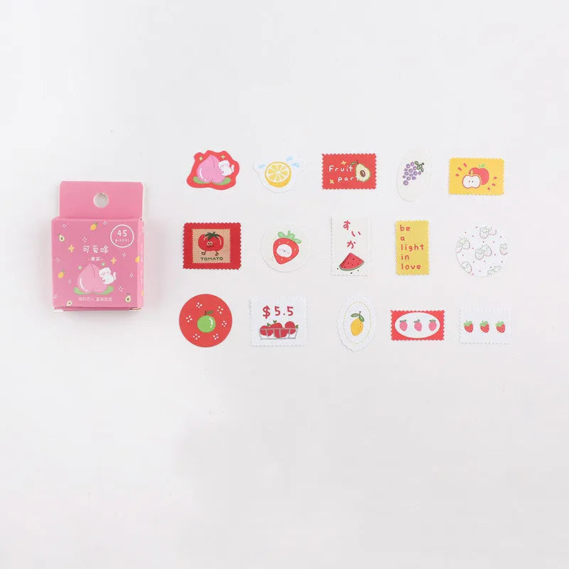 Boxed pack of 45 cartoon paper stickers with 15 patterns in 43x43mm size, featuring cute fruit designs