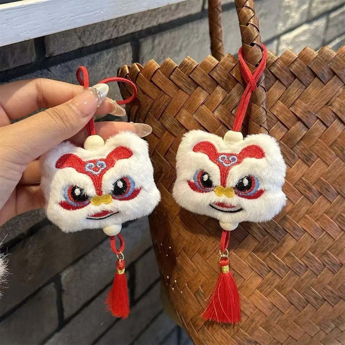 Blue and yellow Chinese style plush lion keychain ornament with tassels and star stone decoration