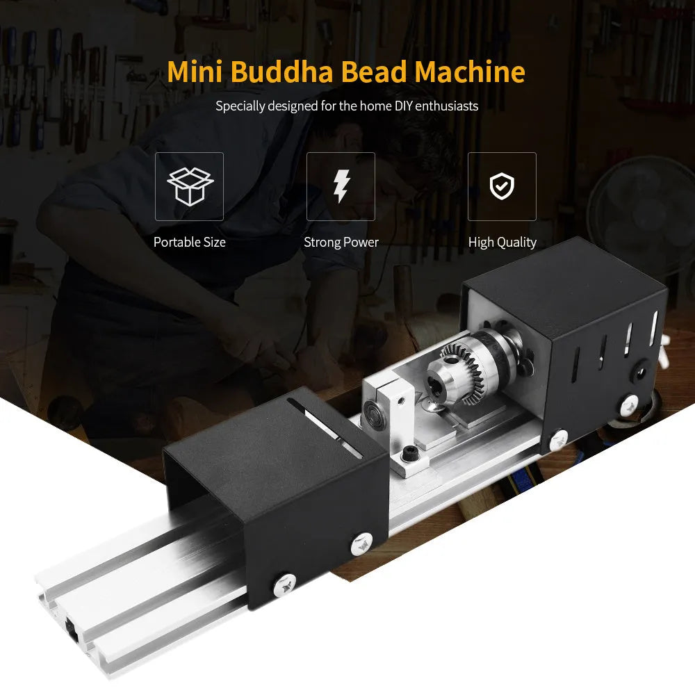 Mini woodworking lathe manual benchtop silver metal construction 320x70x70mm with carving knives