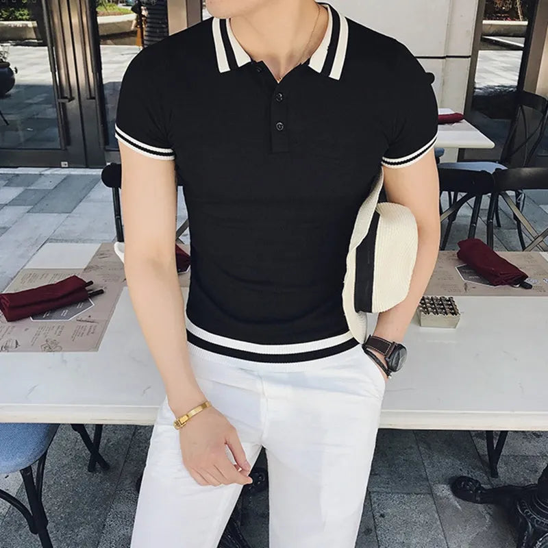 Casual thin slim fit short sleeve polo shirt for men in black white red polyester viscose blend