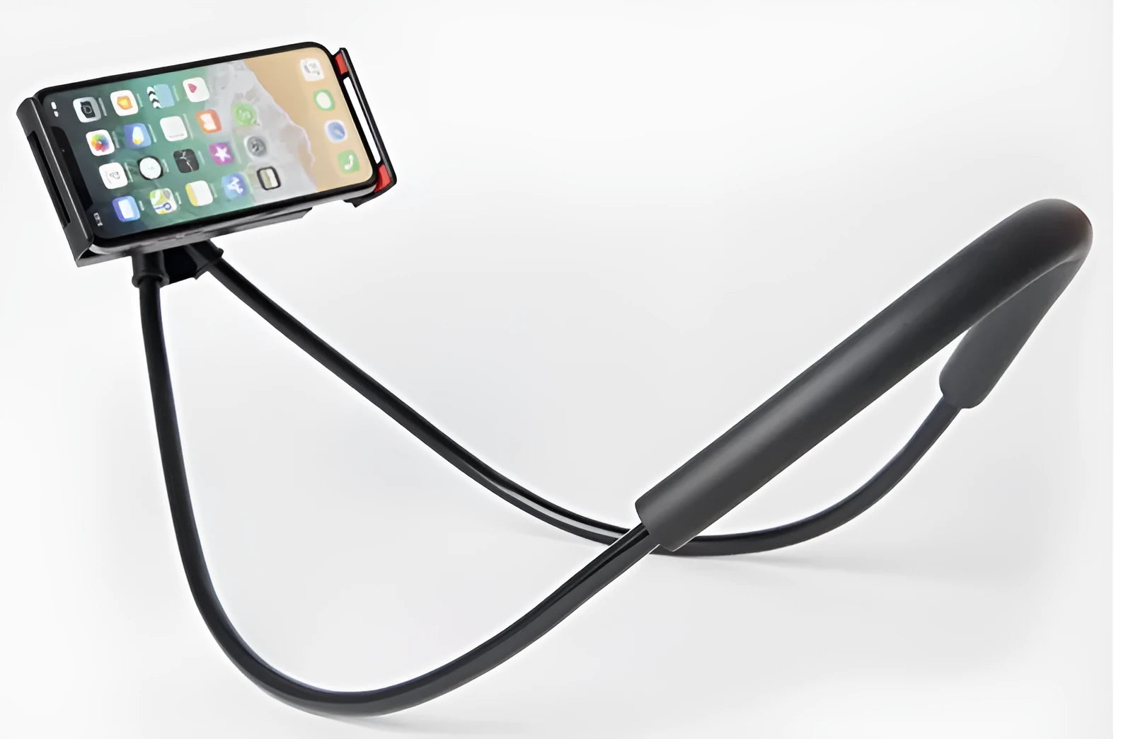 White universal neck phone holder with 360-degree rotating clamp on a table