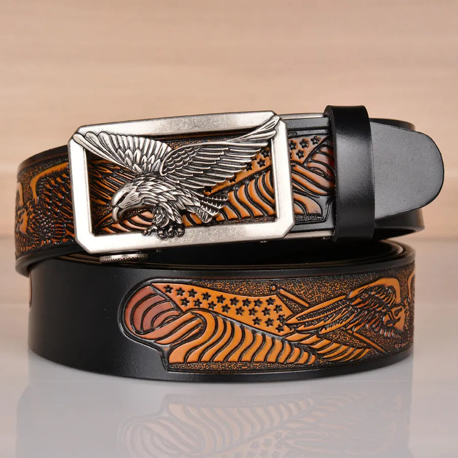 Leather men's belt cowhide eagle embossed automatic buckle 110-130cm black bronze buckle